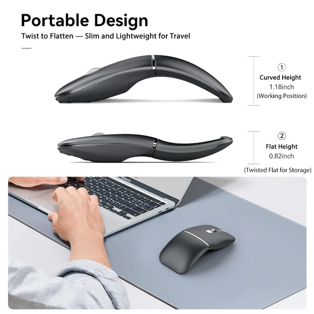 Alt view image 6 of 7 - Wireless Mouse Bendable Rotating Design, Tri-Mode (BT 5.0/4.0 + 2.4GHz),arc Rechargeable Travel Wireless Mouse for Microsoft Laptop PC Tablet Black