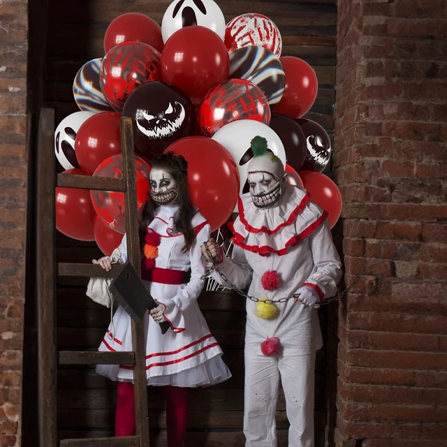 Alt view image 4 of 7 - Halloween Bloody Balloons 12 Inch 51 Pcs Red and Black Scary Balloons with Ghost Expression Print Balloon Crimson Vivid Red Blood Hand Marble Balloon for Spooky Haunted House Scream Creepy Decor