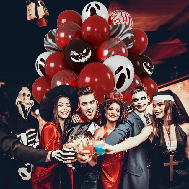 Alt view image 6 of 7 - Halloween Bloody Balloons 12 Inch 51 Pcs Red and Black Scary Balloons with Ghost Expression Print Balloon Crimson Vivid Red Blood Hand Marble Balloon for Spooky Haunted House Scream Creepy Decor