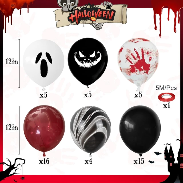 Alt view image 3 of 7 - Halloween Bloody Balloons 12 Inch 51 Pcs Red and Black Scary Balloons with Ghost Expression Print Balloon Crimson Vivid Red Blood Hand Marble Balloon for Spooky Haunted House Scream Creepy Decor