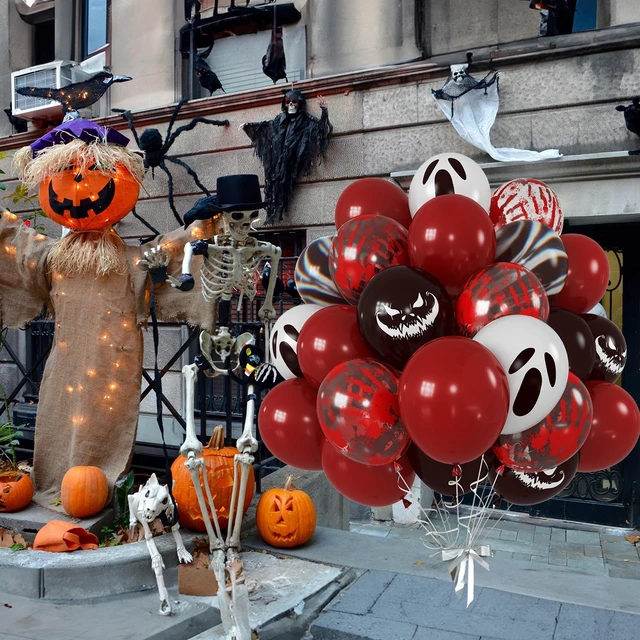 Alt view image 5 of 7 - Halloween Bloody Balloons 12 Inch 51 Pcs Red and Black Scary Balloons with Ghost Expression Print Balloon Crimson Vivid Red Blood Hand Marble Balloon for Spooky Haunted House Scream Creepy Decor