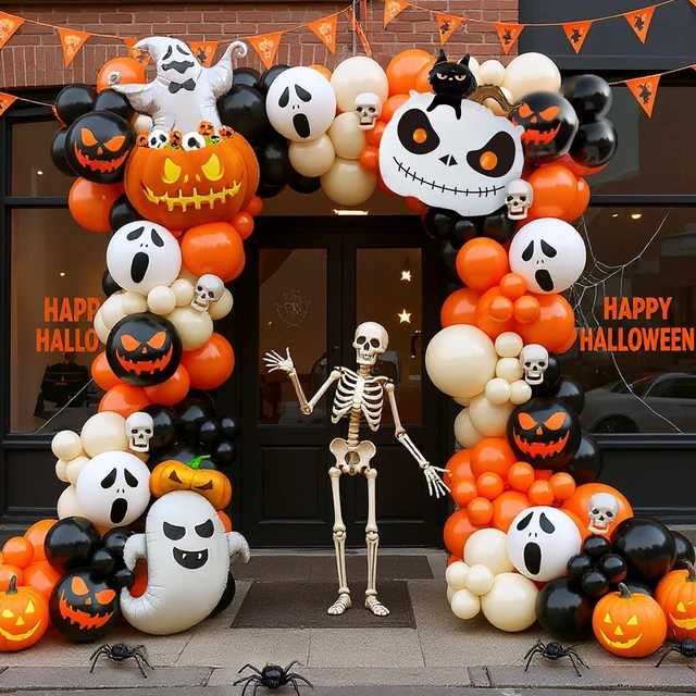 Main image of 152pcs Halloween Balloon Arch Kit - Orange, Lvory White & Black Balloons with Pumpkin, Ghost & Black Cat Foil Balloons for Halloween Party Decoration