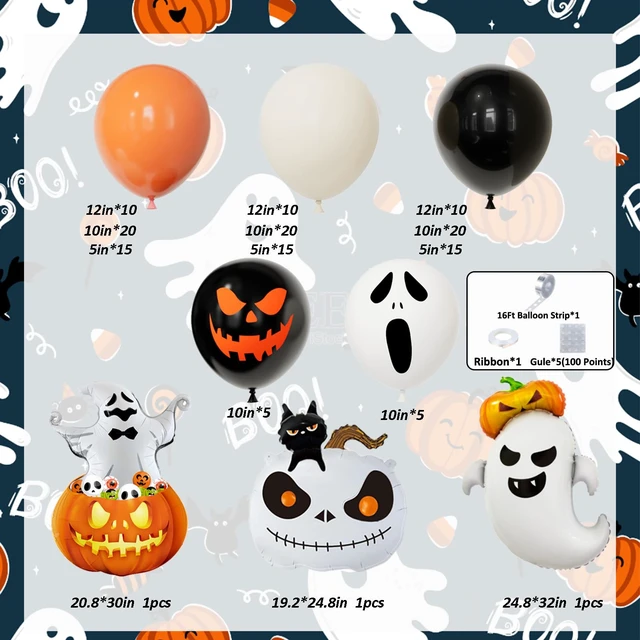 Alt view image 3 of 6 - 152pcs Halloween Balloon Arch Kit - Orange, Lvory White & Black Balloons with Pumpkin, Ghost & Black Cat Foil Balloons for Halloween Party Decoration