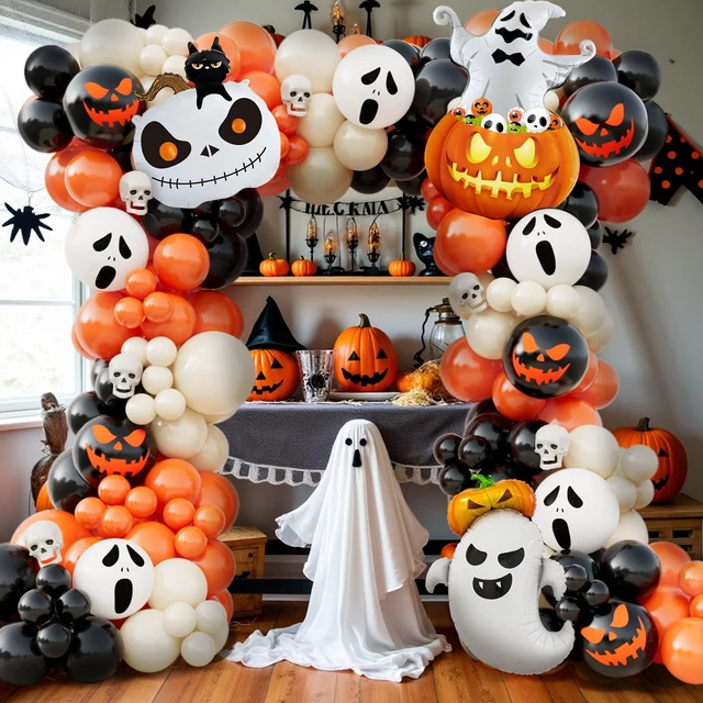 Alt view image 2 of 6 - 152pcs Halloween Balloon Arch Kit - Orange, Lvory White & Black Balloons with Pumpkin, Ghost & Black Cat Foil Balloons for Halloween Party Decoration