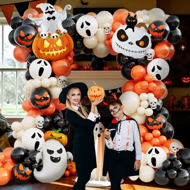 Alt view image 4 of 6 - 152pcs Halloween Balloon Arch Kit - Orange, Lvory White & Black Balloons with Pumpkin, Ghost & Black Cat Foil Balloons for Halloween Party Decoration