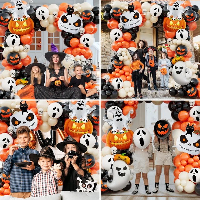 Alt view image 5 of 6 - 152pcs Halloween Balloon Arch Kit - Orange, Lvory White & Black Balloons with Pumpkin, Ghost & Black Cat Foil Balloons for Halloween Party Decoration