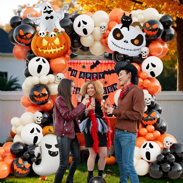 Alt view image 6 of 6 - 152pcs Halloween Balloon Arch Kit - Orange, Lvory White & Black Balloons with Pumpkin, Ghost & Black Cat Foil Balloons for Halloween Party Decoration
