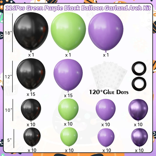 Alt view image 3 of 7 - Halloween Balloon Garland Arch Kit, 116PCS Green Purple Black Balloons Metallic Purple Balloons for Halloween Party Decorations Kids Birthday Baby Shower Party Favors, 5/10/12/18 Inch
