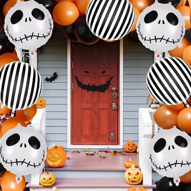 Alt view image 6 of 7 - 12 Pcs Black and White Striped Balloons, Skeletons Skull Foil Balloons, Halloween Party Decorations, Halloween Balloon for Hallow Birthday Baby Shower Masquerade Themed Party Decorations