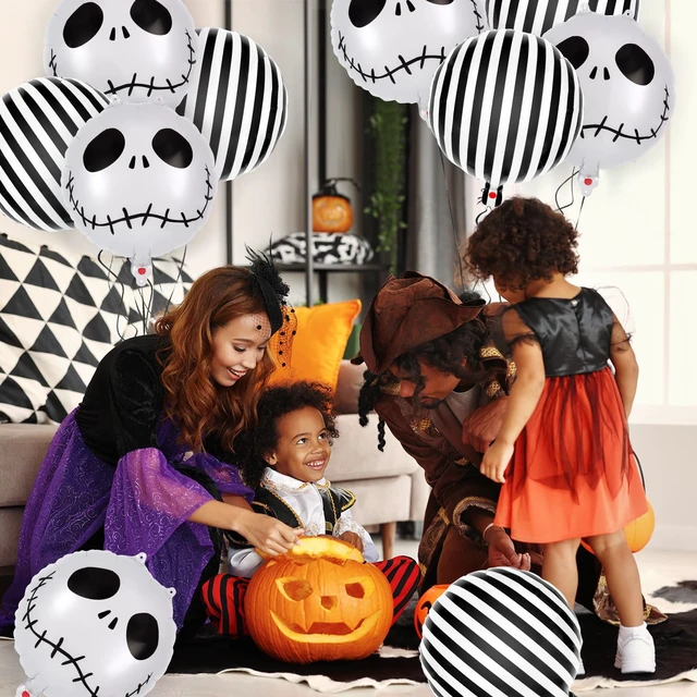 Alt view image 7 of 7 - 12 Pcs Black and White Striped Balloons, Skeletons Skull Foil Balloons, Halloween Party Decorations, Halloween Balloon for Hallow Birthday Baby Shower Masquerade Themed Party Decorations