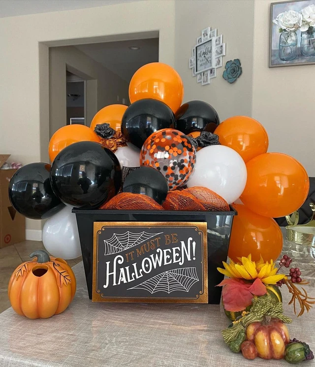 Alt view image 4 of 7 - Halloween Balloons Black Orange Balloons Set, 50Pcs 12inch Black White Orange Confetti Latex Balloon Halloween Balloon for Celebration Party Bar Anniversary Graduation Decoration