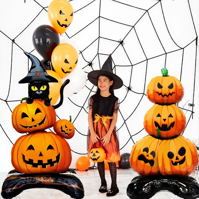 Alt view image 5 of 7 - 2 Pieces Large Halloween Pumpkin Foil Balloons, 43 Inches Standing Stacked Pumpkins Mylar Balloons and 27 Inches Black Cat with Witch Hat Blow Up Decorations for Halloween Spooky Party Supplies