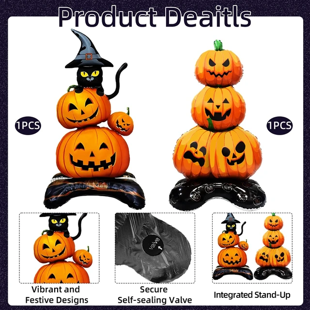 Alt view image 3 of 7 - 2 Pieces Large Halloween Pumpkin Foil Balloons, 43 Inches Standing Stacked Pumpkins Mylar Balloons and 27 Inches Black Cat with Witch Hat Blow Up Decorations for Halloween Spooky Party Supplies