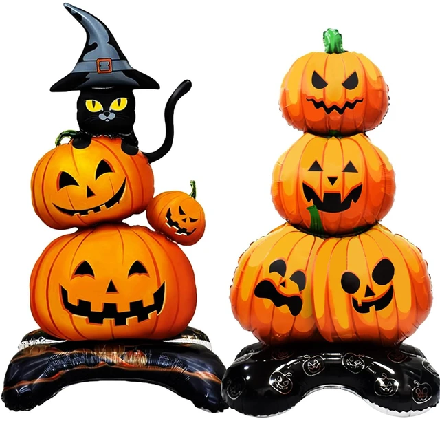 Main image of 2 Pieces Large Halloween Pumpkin Foil Balloons, 43 Inches Standing Stacked Pumpkins Mylar Balloons and 27 Inches Black Cat with Witch Hat Blow Up Decorations for Halloween Spooky Party Supplies
