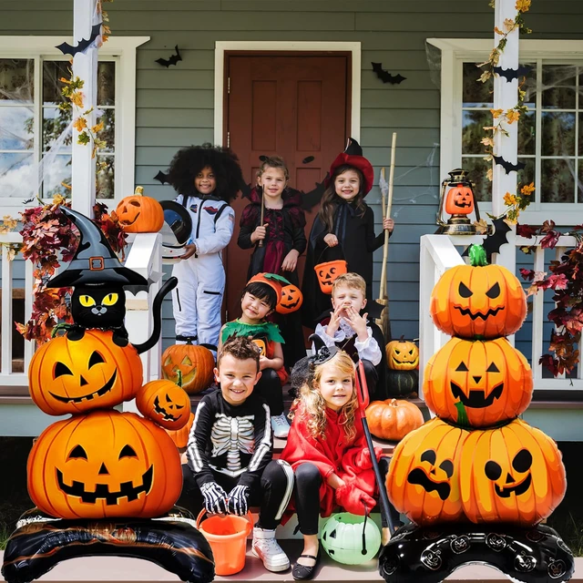 Alt view image 7 of 7 - 2 Pieces Large Halloween Pumpkin Foil Balloons, 43 Inches Standing Stacked Pumpkins Mylar Balloons and 27 Inches Black Cat with Witch Hat Blow Up Decorations for Halloween Spooky Party Supplies