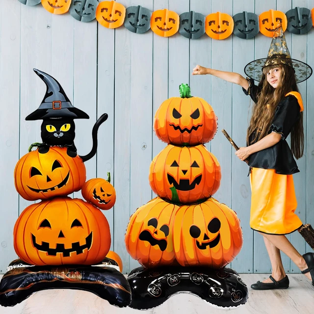Alt view image 4 of 7 - 2 Pieces Large Halloween Pumpkin Foil Balloons, 43 Inches Standing Stacked Pumpkins Mylar Balloons and 27 Inches Black Cat with Witch Hat Blow Up Decorations for Halloween Spooky Party Supplies