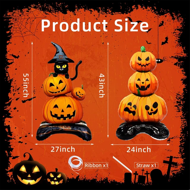 Alt view image 2 of 7 - 2 Pieces Large Halloween Pumpkin Foil Balloons, 43 Inches Standing Stacked Pumpkins Mylar Balloons and 27 Inches Black Cat with Witch Hat Blow Up Decorations for Halloween Spooky Party Supplies