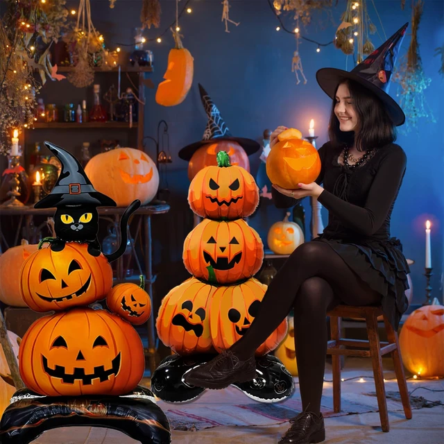 Alt view image 6 of 7 - 2 Pieces Large Halloween Pumpkin Foil Balloons, 43 Inches Standing Stacked Pumpkins Mylar Balloons and 27 Inches Black Cat with Witch Hat Blow Up Decorations for Halloween Spooky Party Supplies