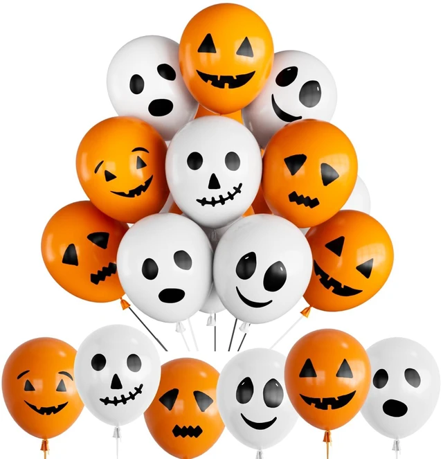 Main image of Halloween Balloons, 60Pcs Scary Ghost Balloons, 6 Styles | 60Pcs 12 Inch Halloween Latex Balloons, Orange and White Print Balloons for Halloween Birthday Spooky Theme Party Decorations