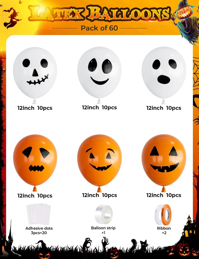 Alt view image 5 of 7 - Halloween Balloons, 60Pcs Scary Ghost Balloons, 6 Styles | 60Pcs 12 Inch Halloween Latex Balloons, Orange and White Print Balloons for Halloween Birthday Spooky Theme Party Decorations