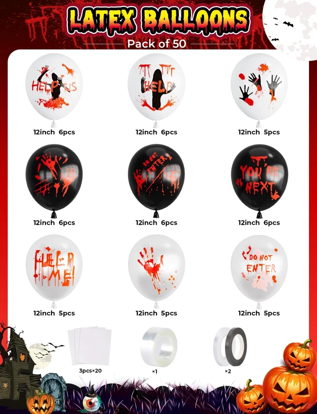 Alt view image 2 of 7 - Halloween Balloons, 9 Styles Black and White Bloody Balloons | 50 Pcs 12 In Horror Balloons with Scary Handprint Latex Balloon for Halloween, Birthday, Vampire Haunted House Party Decor