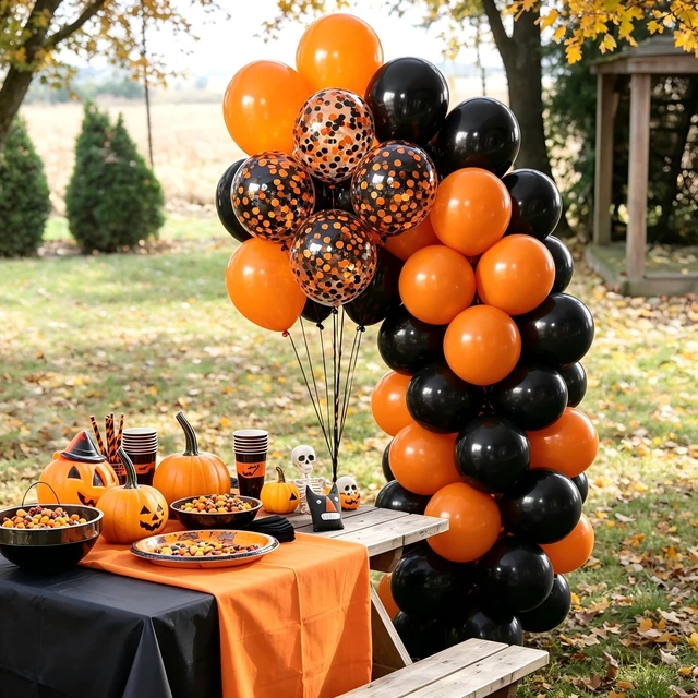 Alt view image 4 of 6 - Halloween Balloons 50 Pack, Spooky Halloween Party Decorations | 12 Inch Latex Balloons with BlackOrange Confetti Balloons for Arch Garland Backdrop Home Bar Party Supplies