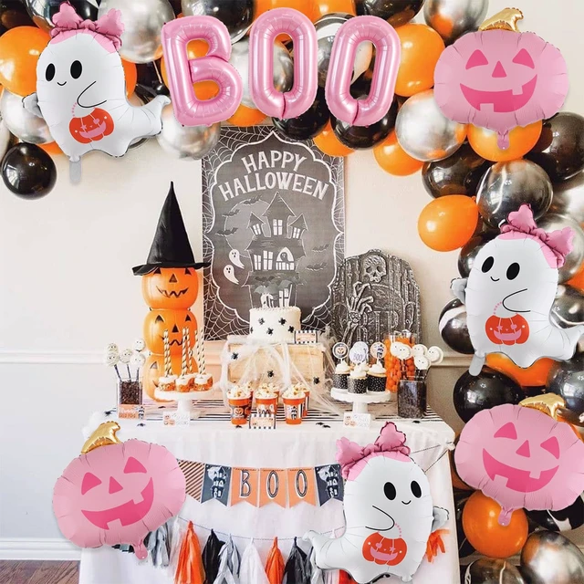Alt view image 3 of 7 - 9Pcs Halloween Balloons for Halloween Birthday Party Decorations | Pink Pumpkin Ghost BOO Foil Mylar Balloons Halloween Baby Shower Spooky Party Decorations