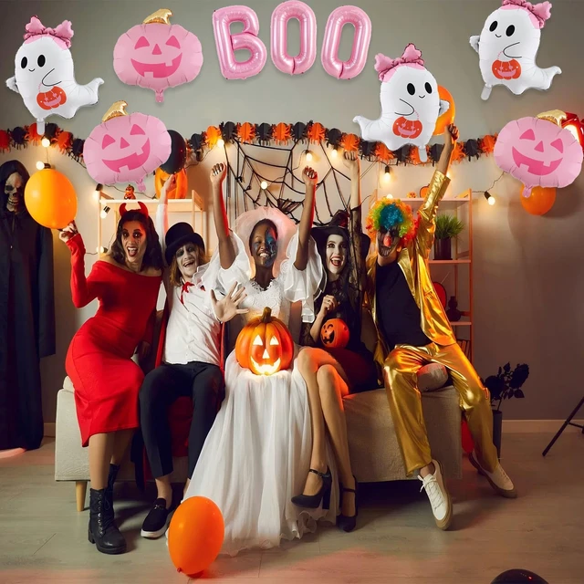 Alt view image 6 of 7 - 9Pcs Halloween Balloons for Halloween Birthday Party Decorations | Pink Pumpkin Ghost BOO Foil Mylar Balloons Halloween Baby Shower Spooky Party Decorations