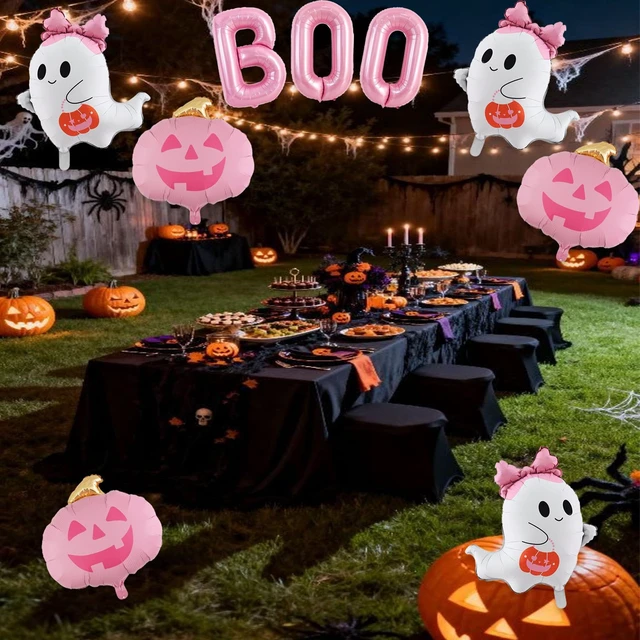 Alt view image 7 of 7 - 9Pcs Halloween Balloons for Halloween Birthday Party Decorations | Pink Pumpkin Ghost BOO Foil Mylar Balloons Halloween Baby Shower Spooky Party Decorations