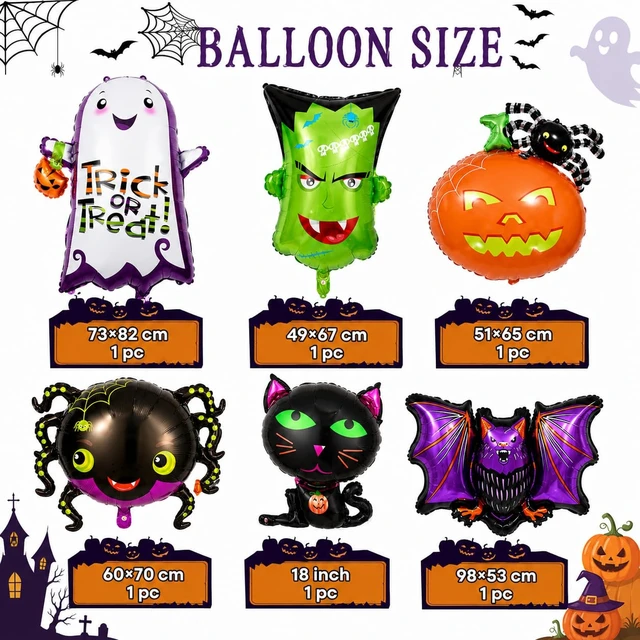 Alt view image 2 of 7 - Halloween Foil Balloons Kit, Pack of 6 Large Ghost Cat Spider Pumpkin Spider Monster Head Happy Halloween Shaped Mylar Balloon Decor Set for Kids Horror Theme Trick or Treat Party Decorations Supplies