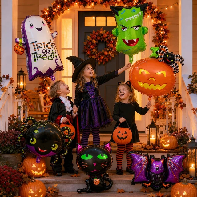 Alt view image 4 of 7 - Halloween Foil Balloons Kit, Pack of 6 Large Ghost Cat Spider Pumpkin Spider Monster Head Happy Halloween Shaped Mylar Balloon Decor Set for Kids Horror Theme Trick or Treat Party Decorations Supplies