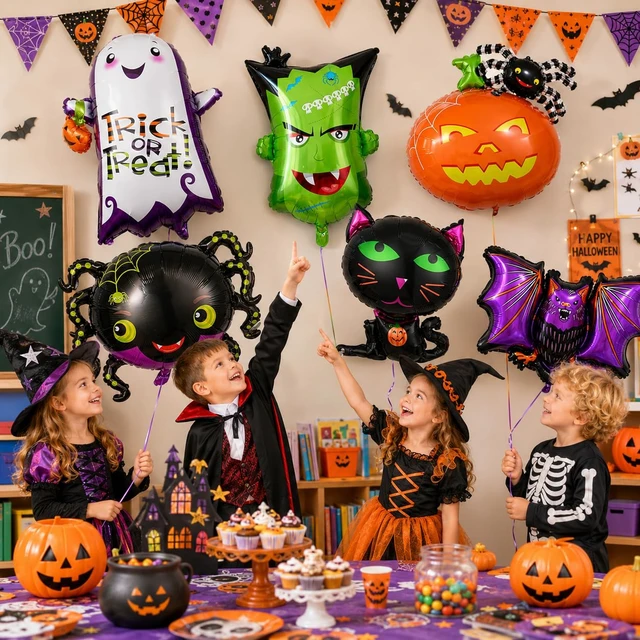 Alt view image 5 of 7 - Halloween Foil Balloons Kit, Pack of 6 Large Ghost Cat Spider Pumpkin Spider Monster Head Happy Halloween Shaped Mylar Balloon Decor Set for Kids Horror Theme Trick or Treat Party Decorations Supplies