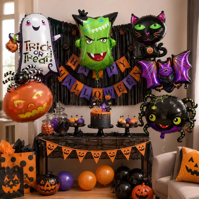 Alt view image 6 of 7 - Halloween Foil Balloons Kit, Pack of 6 Large Ghost Cat Spider Pumpkin Spider Monster Head Happy Halloween Shaped Mylar Balloon Decor Set for Kids Horror Theme Trick or Treat Party Decorations Supplies