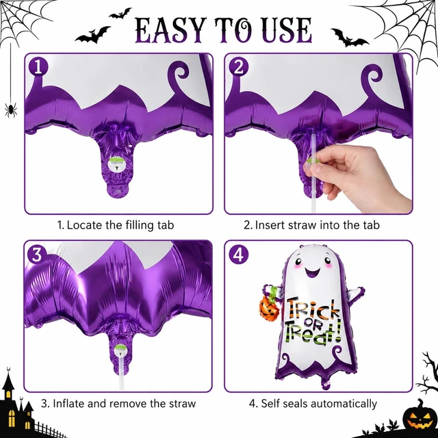 Alt view image 7 of 7 - Halloween Foil Balloons Kit, Pack of 6 Large Ghost Cat Spider Pumpkin Spider Monster Head Happy Halloween Shaped Mylar Balloon Decor Set for Kids Horror Theme Trick or Treat Party Decorations Supplies