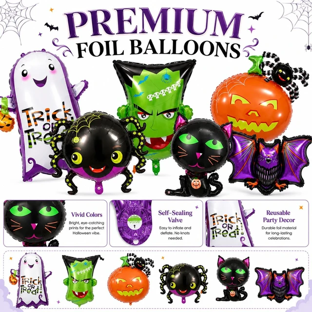 Alt view image 3 of 7 - Halloween Foil Balloons Kit, Pack of 6 Large Ghost Cat Spider Pumpkin Spider Monster Head Happy Halloween Shaped Mylar Balloon Decor Set for Kids Horror Theme Trick or Treat Party Decorations Supplies