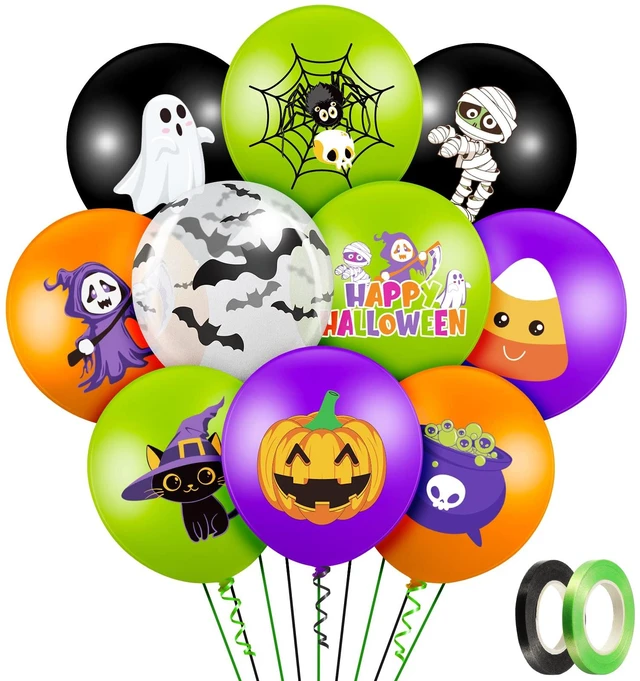 Main image of 50 Pcs Halloween Balloons Decor for Party Outdoor Home, Cute Style | 12 Inch Halloween Party Balloon with Ribbon, Cat Pumpkin Spider Design, for Birthday Baby Shower Party Yard Backdrop