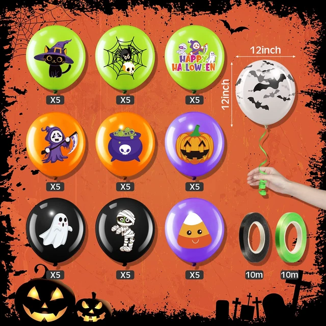 Alt view image 2 of 7 - 50 Pcs Halloween Balloons Decor for Party Outdoor Home, Cute Style | 12 Inch Halloween Party Balloon with Ribbon, Cat Pumpkin Spider Design, for Birthday Baby Shower Party Yard Backdrop