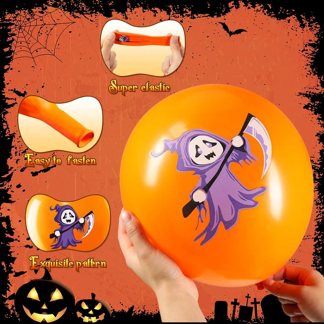 Alt view image 3 of 7 - 50 Pcs Halloween Balloons Decor for Party Outdoor Home, Cute Style | 12 Inch Halloween Party Balloon with Ribbon, Cat Pumpkin Spider Design, for Birthday Baby Shower Party Yard Backdrop
