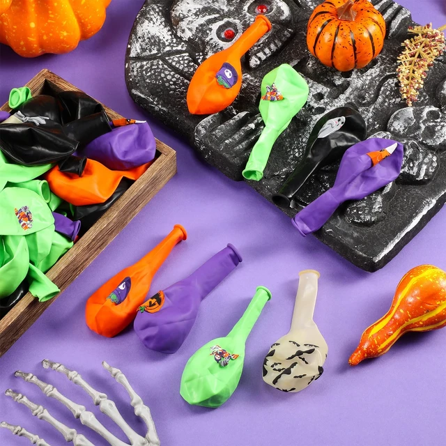 Alt view image 4 of 7 - 50 Pcs Halloween Balloons Decor for Party Outdoor Home, Cute Style | 12 Inch Halloween Party Balloon with Ribbon, Cat Pumpkin Spider Design, for Birthday Baby Shower Party Yard Backdrop
