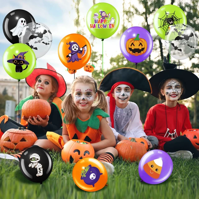 Alt view image 6 of 7 - 50 Pcs Halloween Balloons Decor for Party Outdoor Home, Cute Style | 12 Inch Halloween Party Balloon with Ribbon, Cat Pumpkin Spider Design, for Birthday Baby Shower Party Yard Backdrop