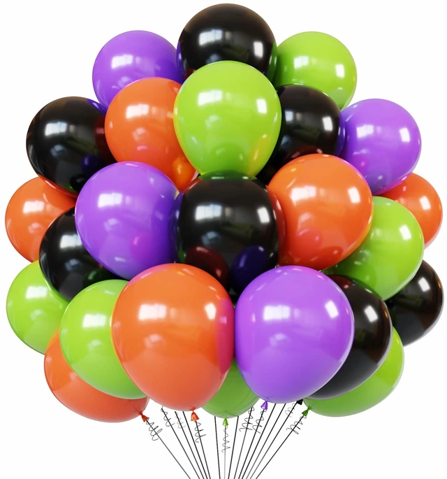 Main image of 60pcs 12 Inch Halloween Latex BalloonsBlack Orange Green Purple Balloons | with 1 Ribbon, Birthday & Halloween Party Decoration