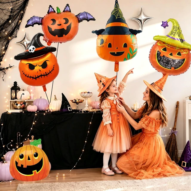 Alt view image 4 of 7 - 5 Pcs Halloween Balloons Set Include Pumpkin Balloons for Halloween Party Decorations Haunted House Parties Supplies