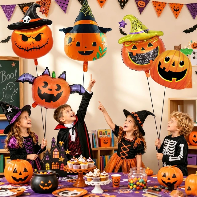 Alt view image 5 of 7 - 5 Pcs Halloween Balloons Set Include Pumpkin Balloons for Halloween Party Decorations Haunted House Parties Supplies