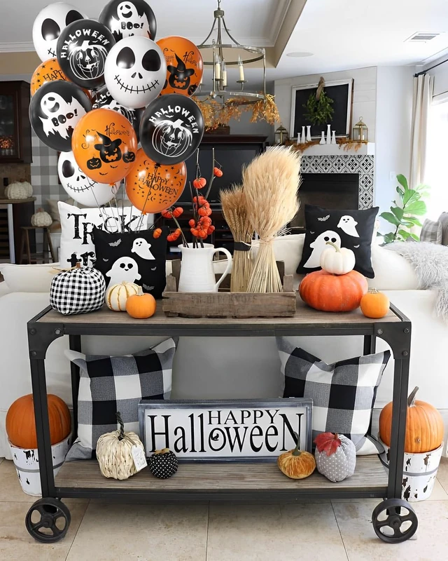 Alt view image 2 of 7 - Halloween Balloons Decoration, 50 Pcs 12 inch Halloween Balloon Black Orange White Pumpkin Scary Ghost Halloween Balloons for Halloween Birthday Party Decorations Supplies