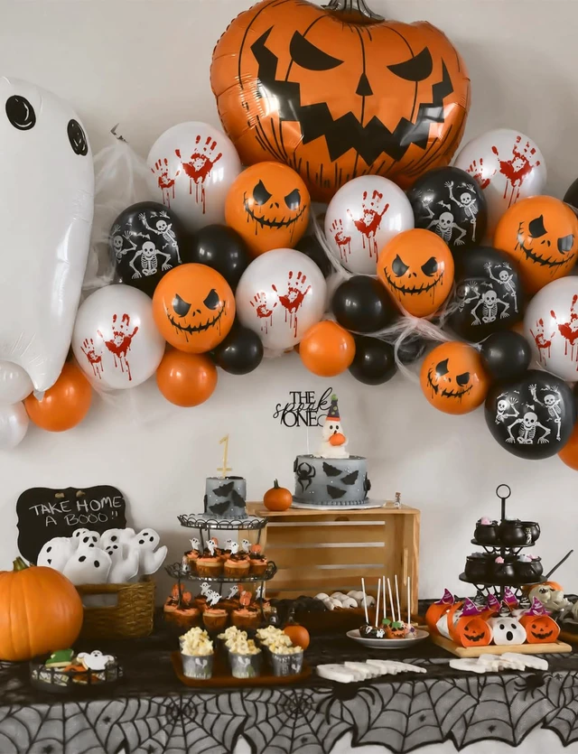 Alt view image 4 of 7 - Halloween Balloons, Orange Black White Balloons, Spooky Party Decor | 50 Pcs 12 Inch Halloween Latex Balloons, Scary Skeleton and Pumpkin Balloons, Horror Balloons for Halloween Party Decorations