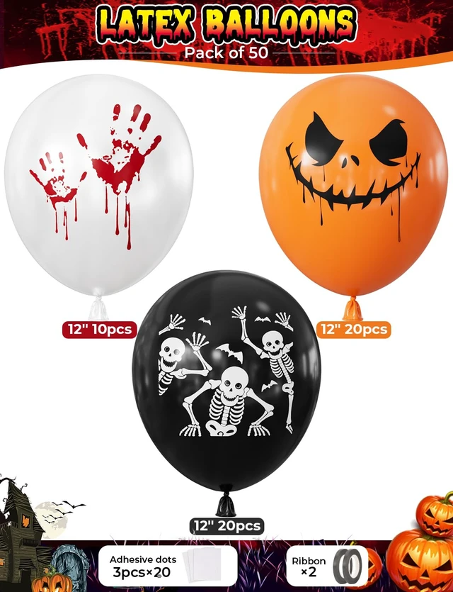 Alt view image 2 of 7 - Halloween Balloons, Orange Black White Balloons, Spooky Party Decor | 50 Pcs 12 Inch Halloween Latex Balloons, Scary Skeleton and Pumpkin Balloons, Horror Balloons for Halloween Party Decorations