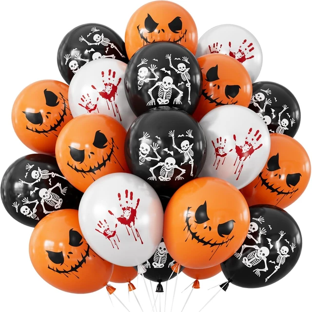 Main image of Halloween Balloons, Orange Black White Balloons, Spooky Party Decor | 50 Pcs 12 Inch Halloween Latex Balloons, Scary Skeleton and Pumpkin Balloons, Horror Balloons for Halloween Party Decorations