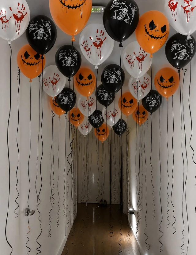 Alt view image 5 of 7 - Halloween Balloons, Orange Black White Balloons, Spooky Party Decor | 50 Pcs 12 Inch Halloween Latex Balloons, Scary Skeleton and Pumpkin Balloons, Horror Balloons for Halloween Party Decorations