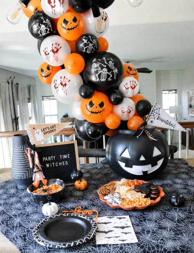 Alt view image 7 of 7 - Halloween Balloons, Orange Black White Balloons, Spooky Party Decor | 50 Pcs 12 Inch Halloween Latex Balloons, Scary Skeleton and Pumpkin Balloons, Horror Balloons for Halloween Party Decorations