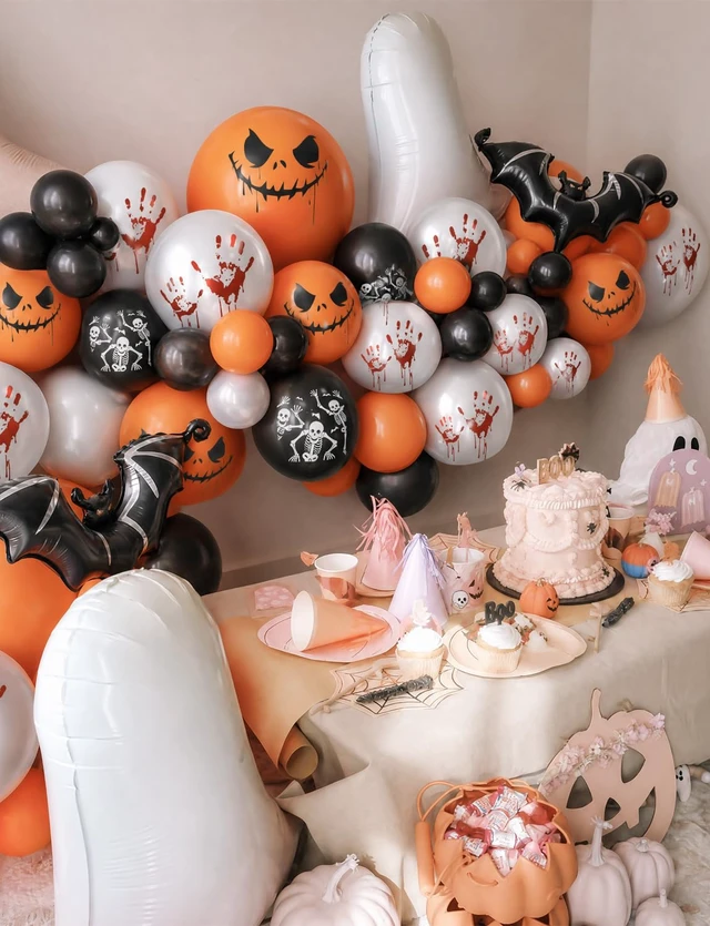 Alt view image 6 of 7 - Halloween Balloons, Orange Black White Balloons, Spooky Party Decor | 50 Pcs 12 Inch Halloween Latex Balloons, Scary Skeleton and Pumpkin Balloons, Horror Balloons for Halloween Party Decorations